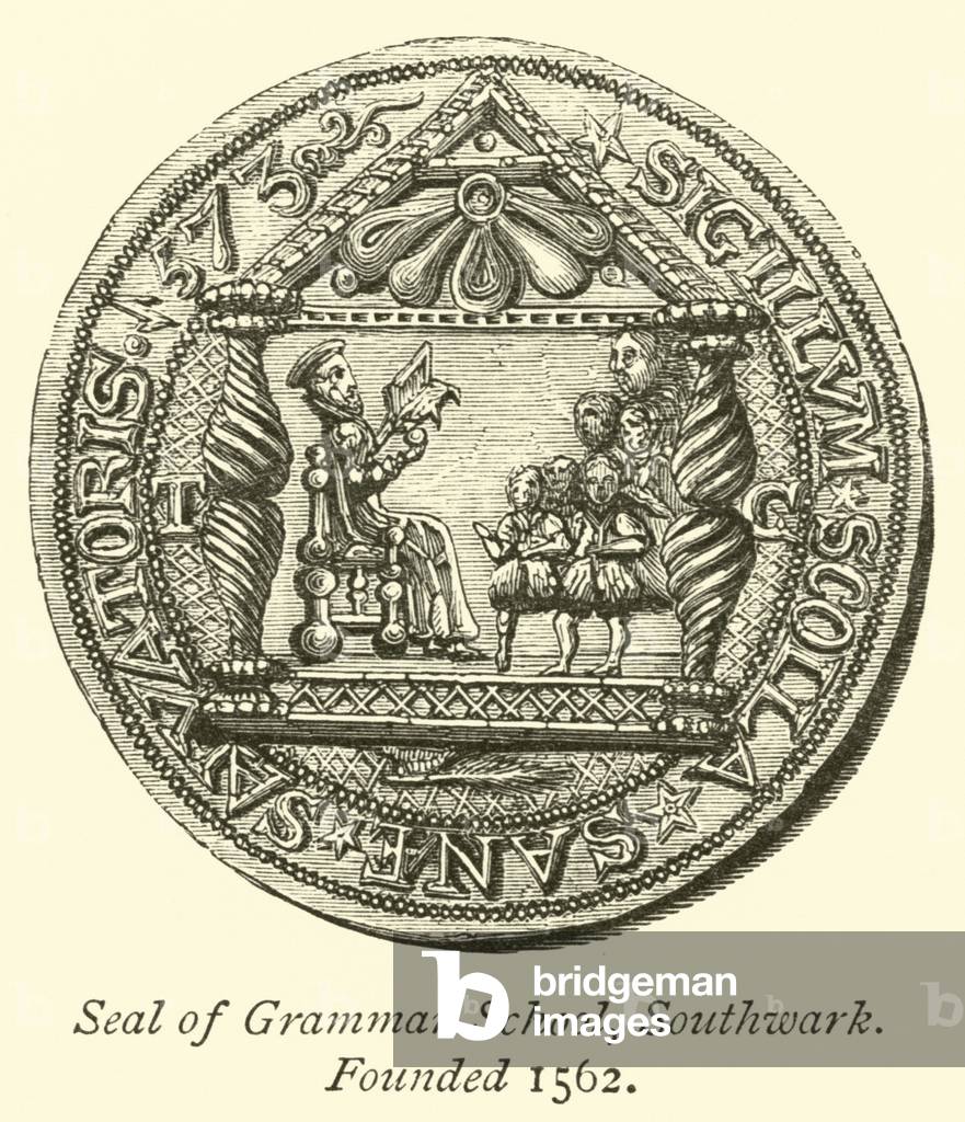 Seal of Grammar School, Southwark, founded 1562 (engraving)