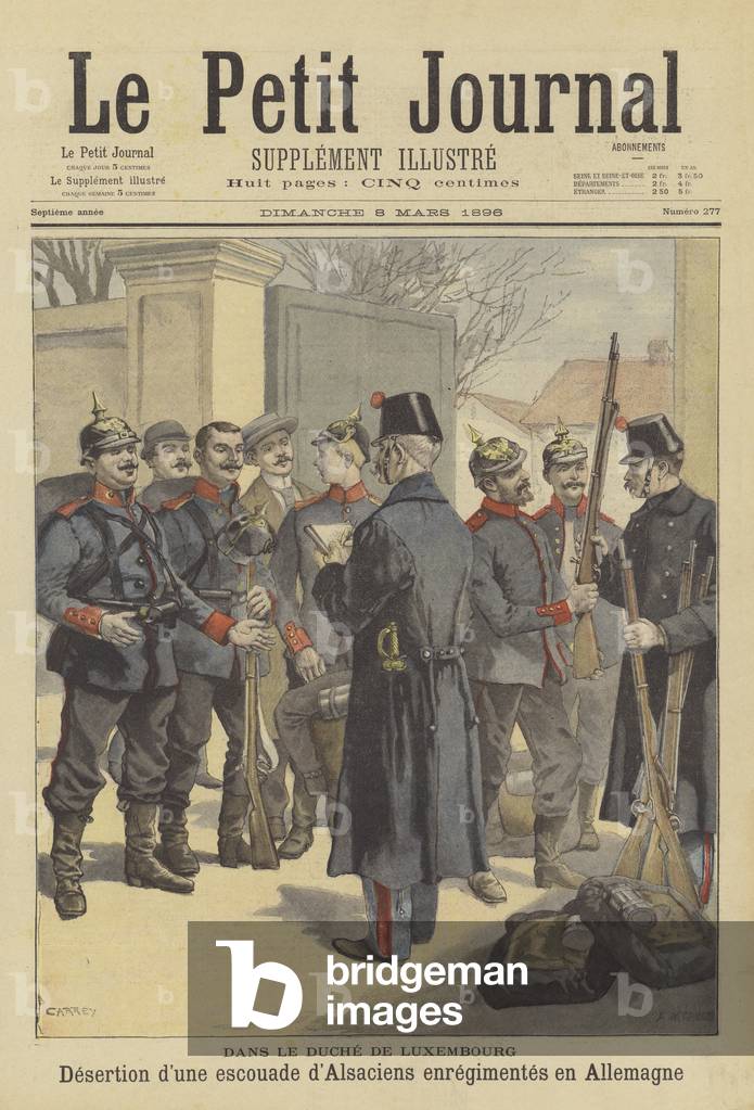 A squad of Alsatian deserters from the German Army surrendering themselves to the police in Luxembourg (colour litho)