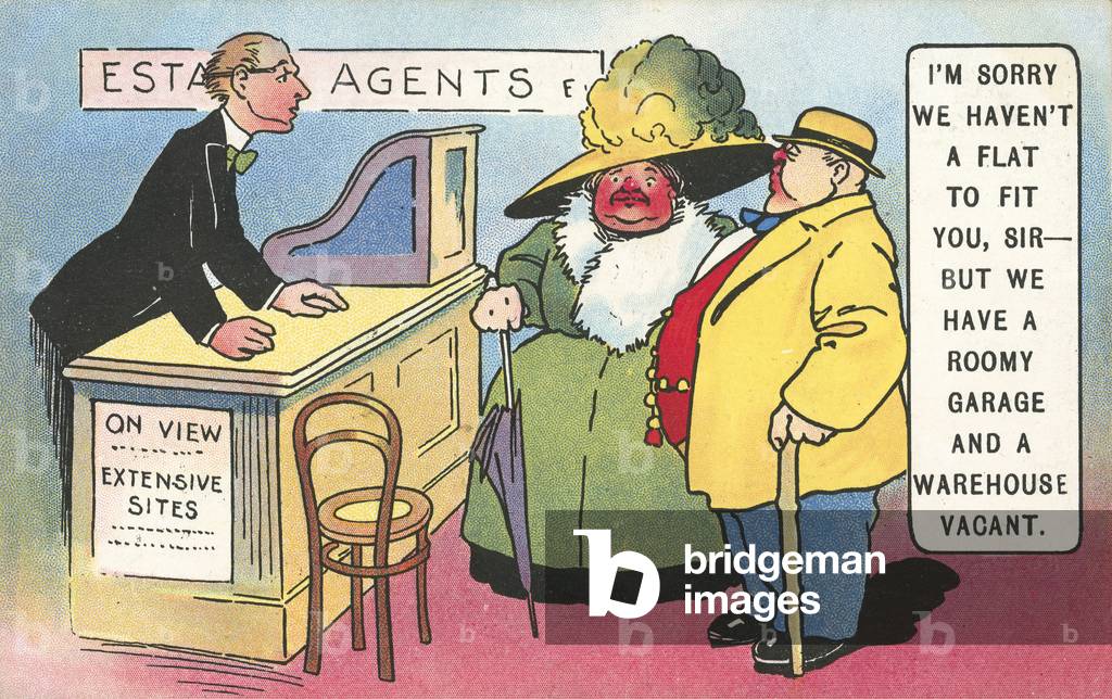 Fat couple visiting an estate agent (colour litho)