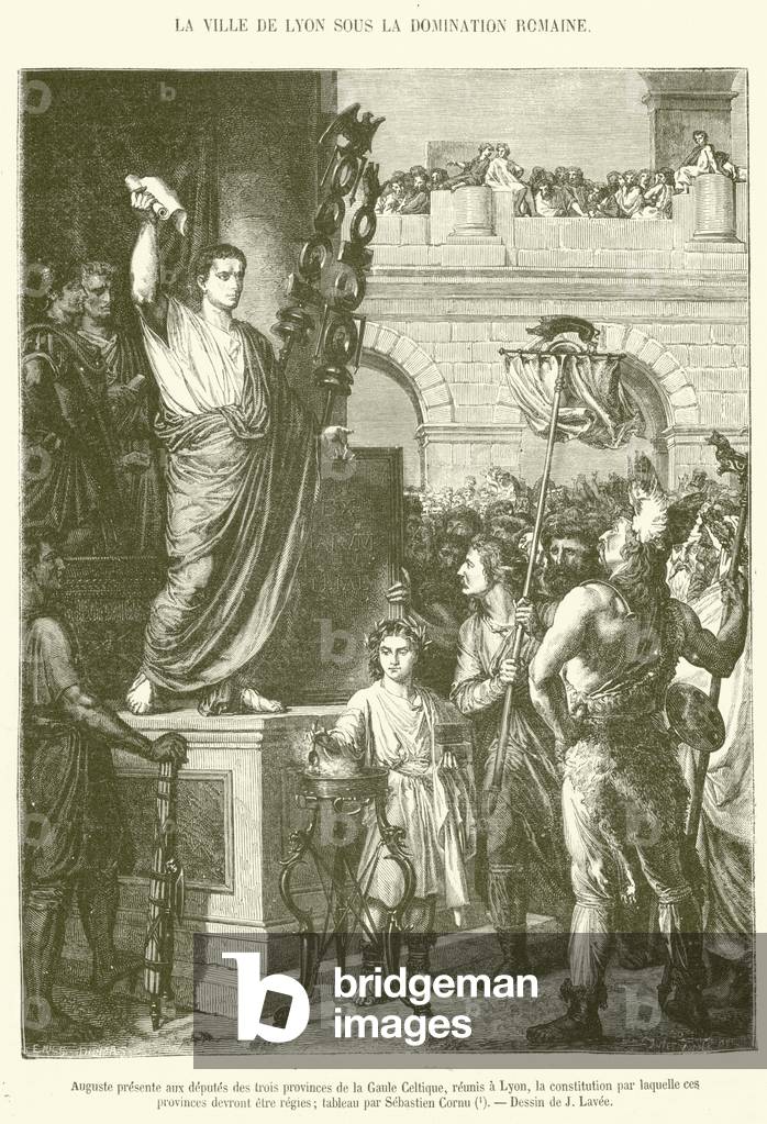Auguste presente aux deputes des trois provinces de la Gaule Celtique, reunis a Lyon, la constitution par laquelle ces provinces devront etre regies (engraving)