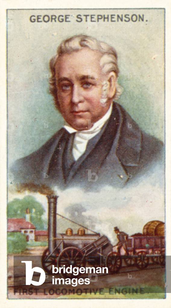 George Stephenson, First Locomotive Engine (colour litho)
