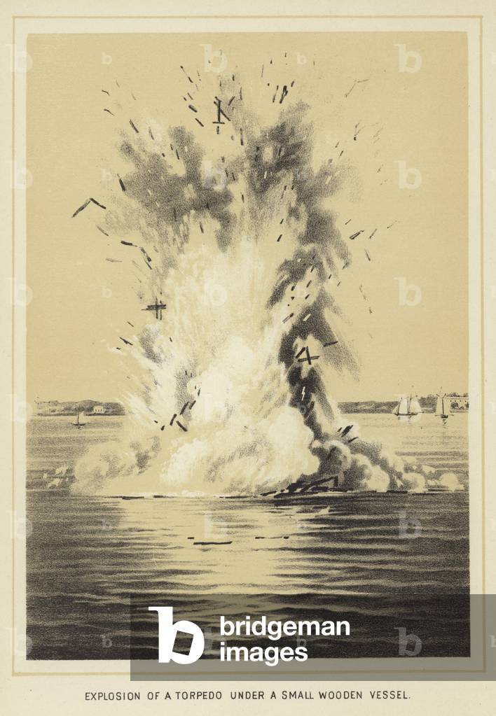 Explosion of a torpedo under a small wooden vessel (litho)