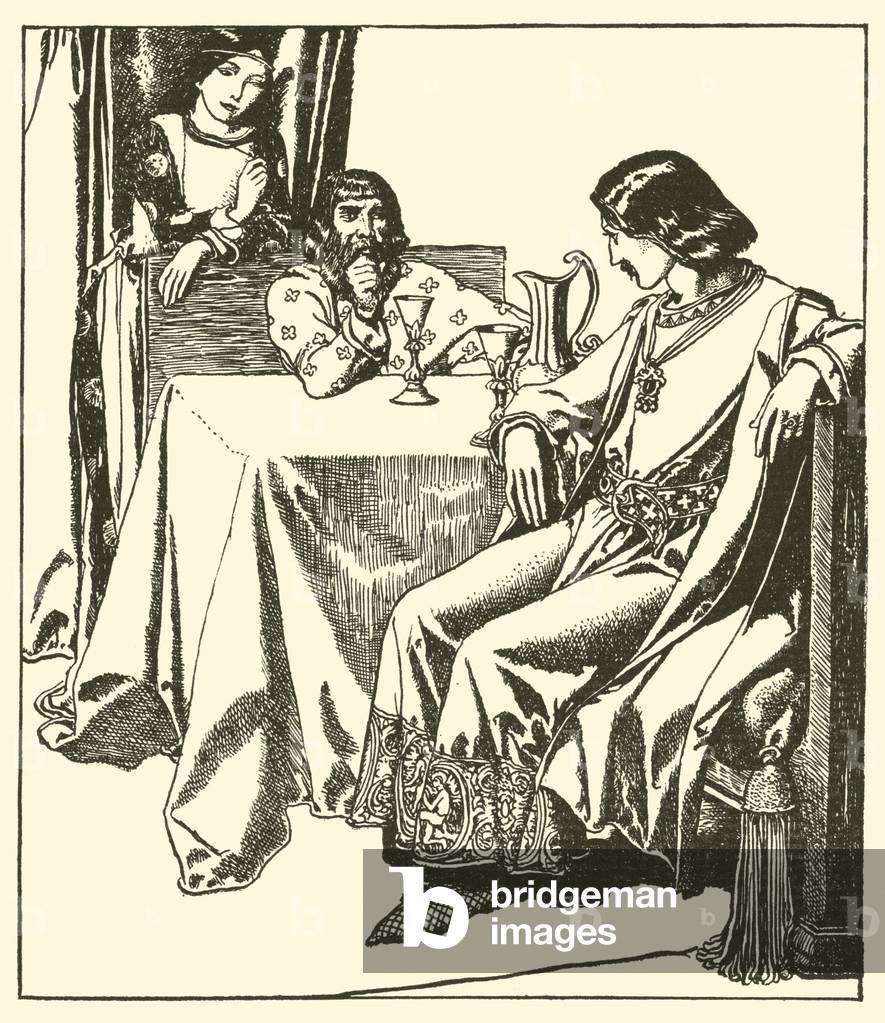 Sir Launcelot sits with Sir Hilaire and Croisette (litho)
