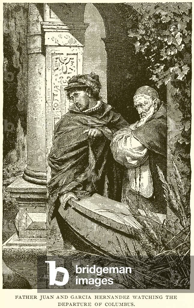 Father Juan and Garcia Hernadez watching the Departure of Columbus (engraving)