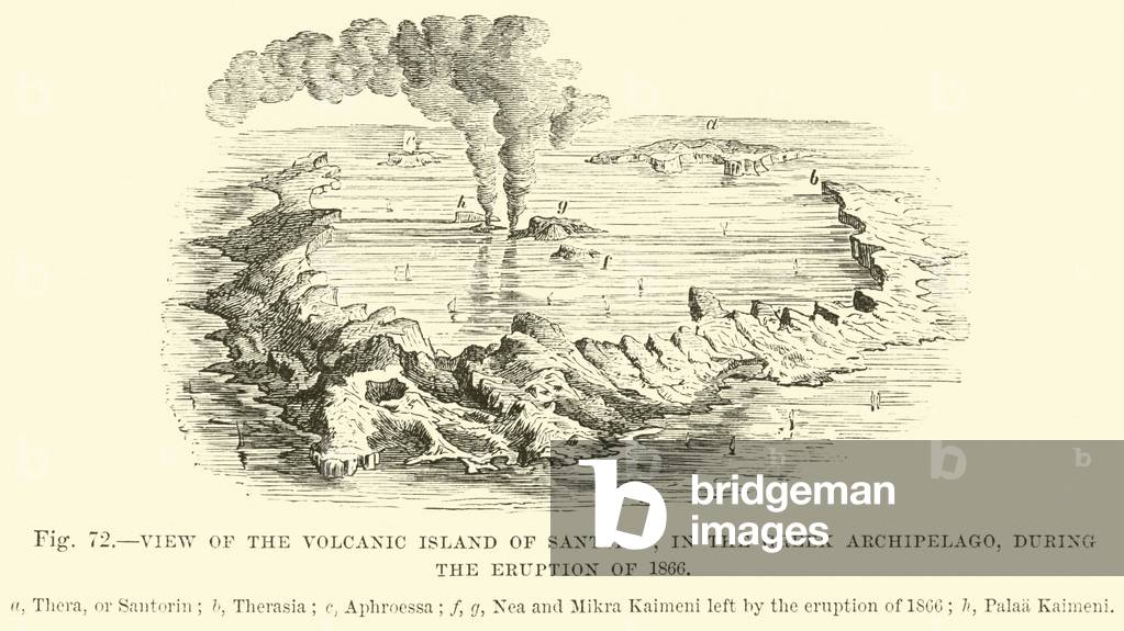 View of the volcanic island of Santorin, in the Greek Archipelago, during the eruption of 1866 (engraving)