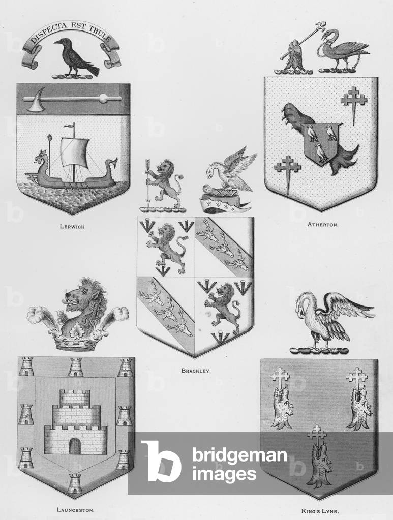 Public arms: Lerwick; Atherton; Brackley; Launceston; King's Lynn (engraving)