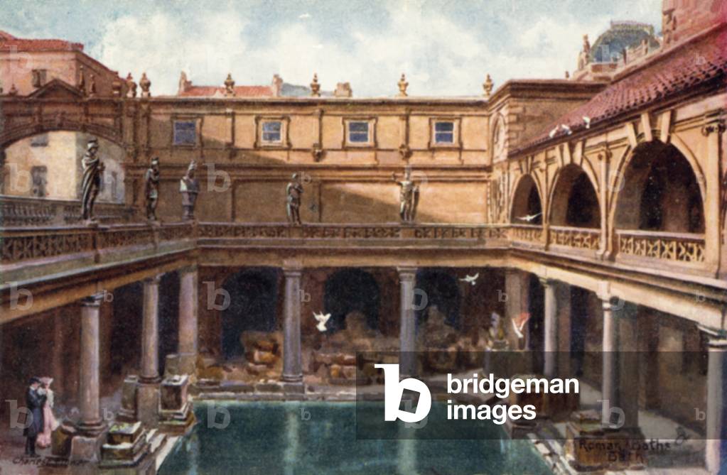 The Roman Baths, Bath (colour litho)