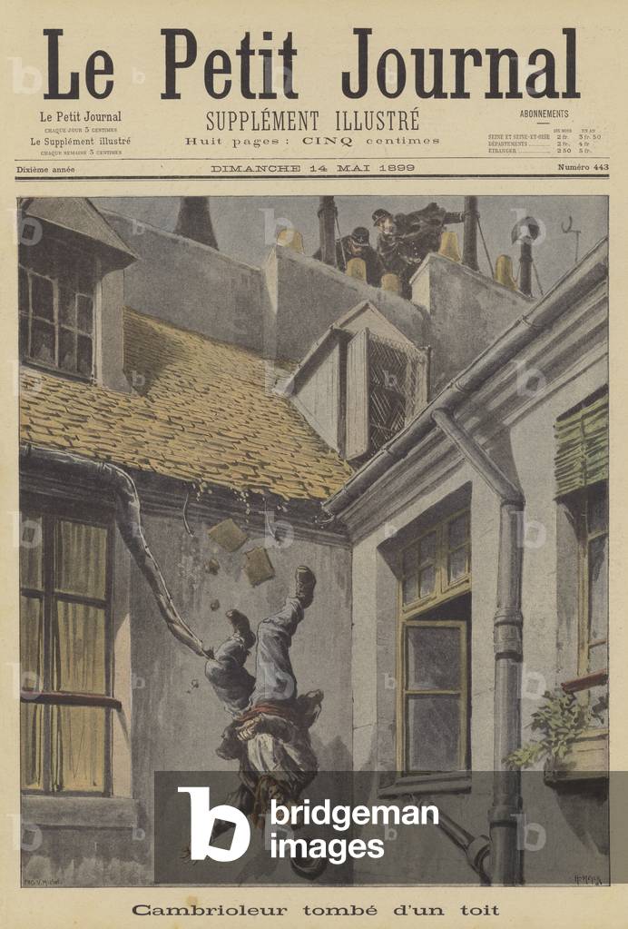 A burglar falling from a roof (colour litho)