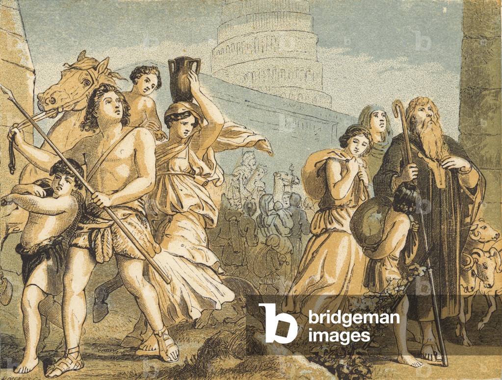 The confusion of Tongues (coloured engraving)