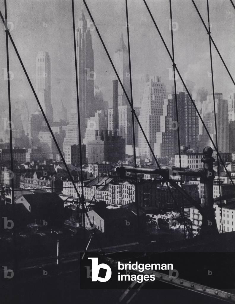 Towers of Lower Manhattan, as seen from Brooklyn Bridge (b/w photo)