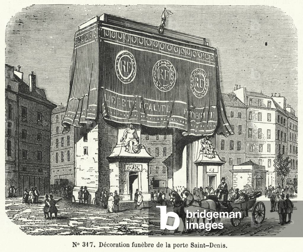 Funereal decoration of the Porte Saint-Denis in honour of the victims of the June Days uprising, Paris, 1848 (engraving)