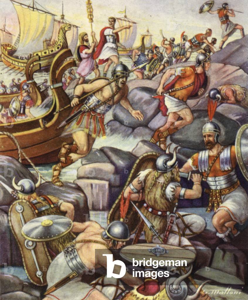 The Romans landing in Britain (colour litho)