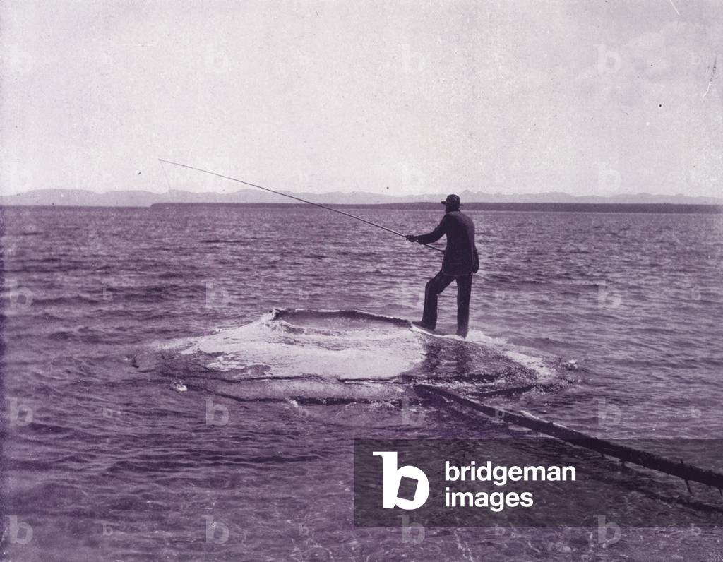 Fishing from Yellowstone Lake, and cooking fish in the cone of an active geyser (b/w photo)