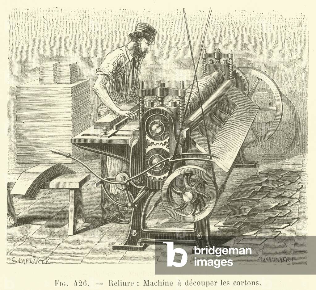 Reliure, Machine a decouper les cartons (engraving)