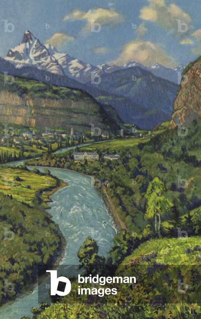 Swiss Spas: Lavey, and the Dents du Midi (colour litho)