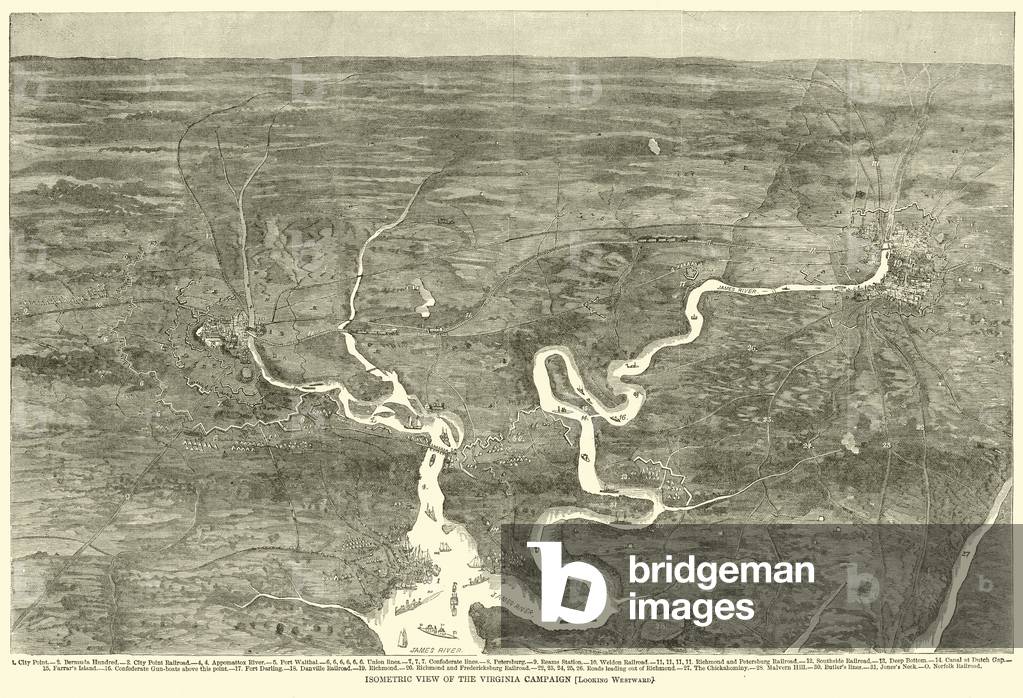 Isometric view of the Virginia Campaign, Looking Westward, June 1864 (engraving)
