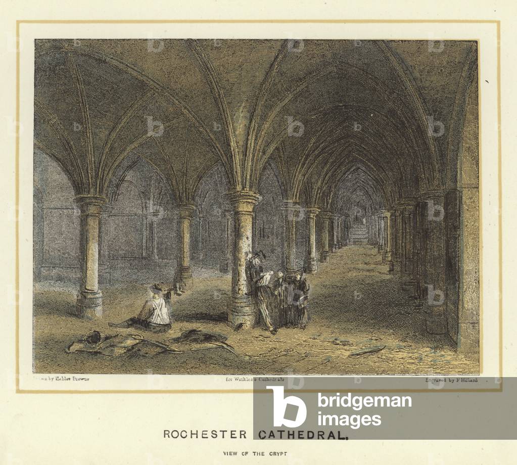 Rochester Cathedral, view of the crypt (colour litho)