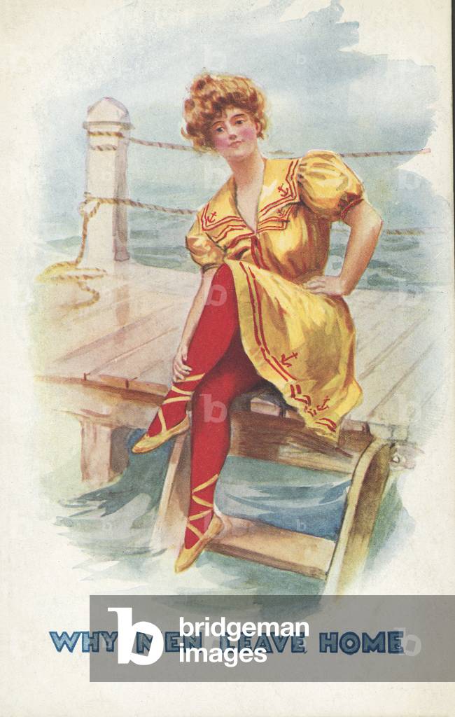 Why men leave home: woman sitting on a jetty (colour litho)