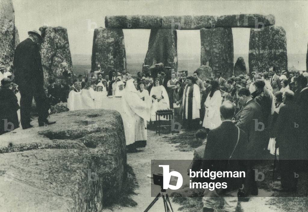 Druid ceremony at Stonehenge (b/w photo)