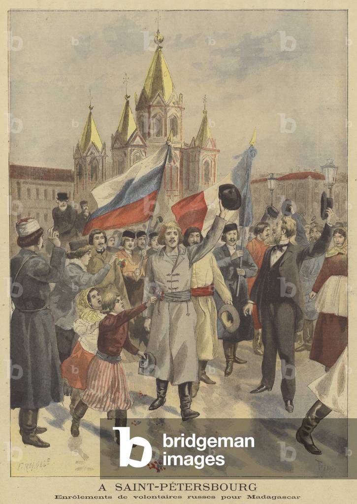 Enrolment of Russian volunteers for the French expedition to Madagascar in St Petersburg (colour litho)