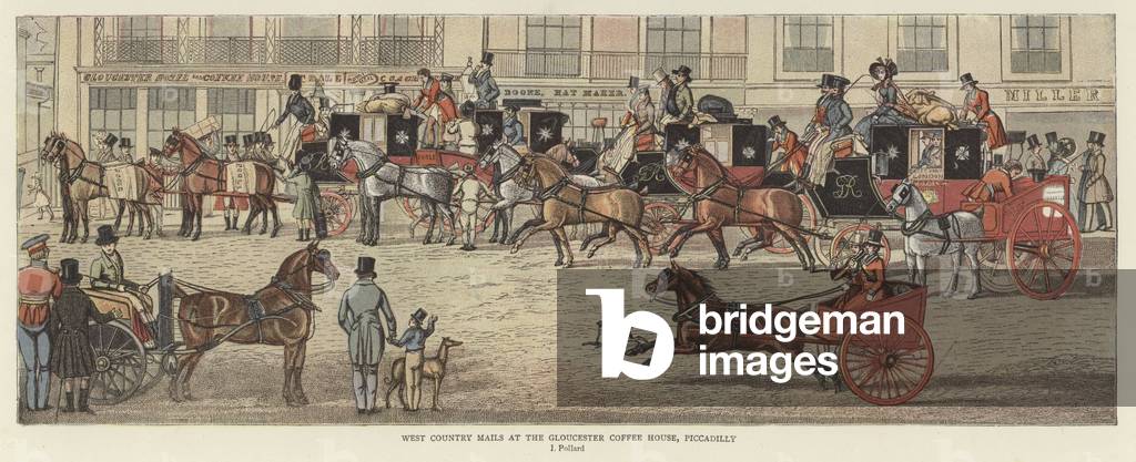 West Country Mails at the Gloucester Coffee House, Piccadilly (colour litho)
