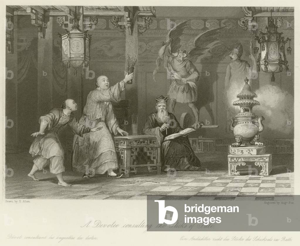 A devotee consulting the Sticks of Fate (engraving)