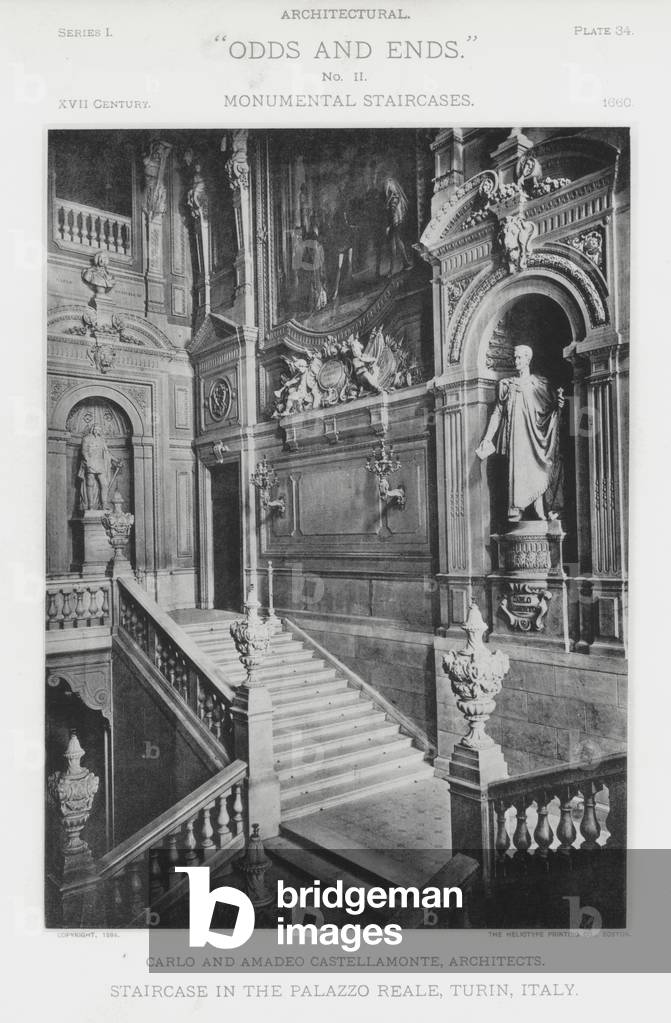 Staircase in the Palazzo Reale, Turin, Italy (b/w photo)