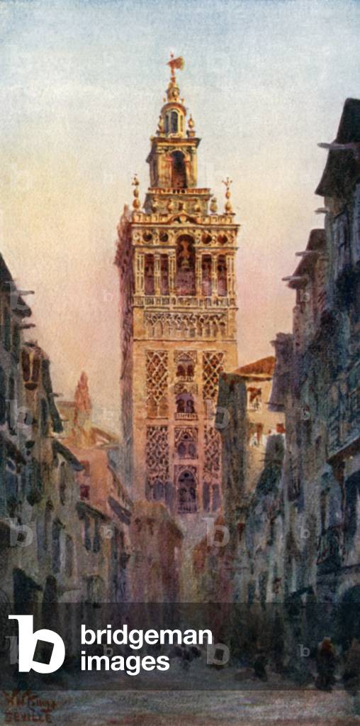 Seville, the Giralda Tower (colour litho)