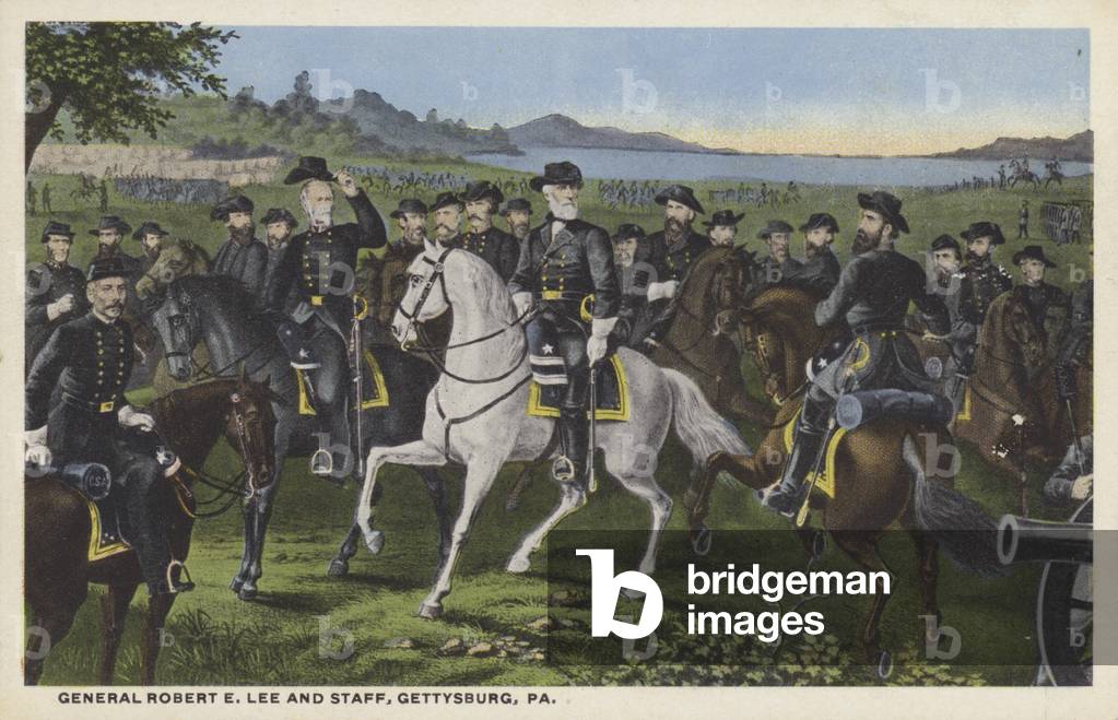 General Robert Lee and his staff, Gettysburg, PA (colour litho)