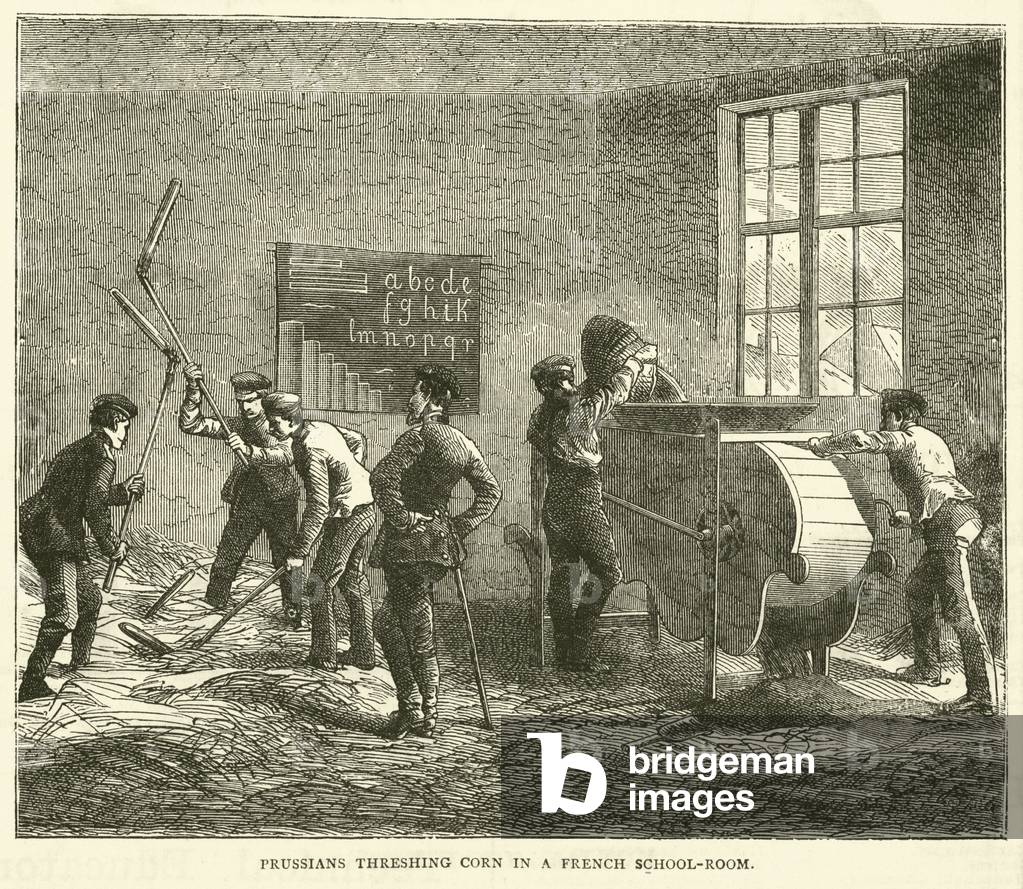 Prussians threshing corn in a French school-room, September 1870 (engraving)
