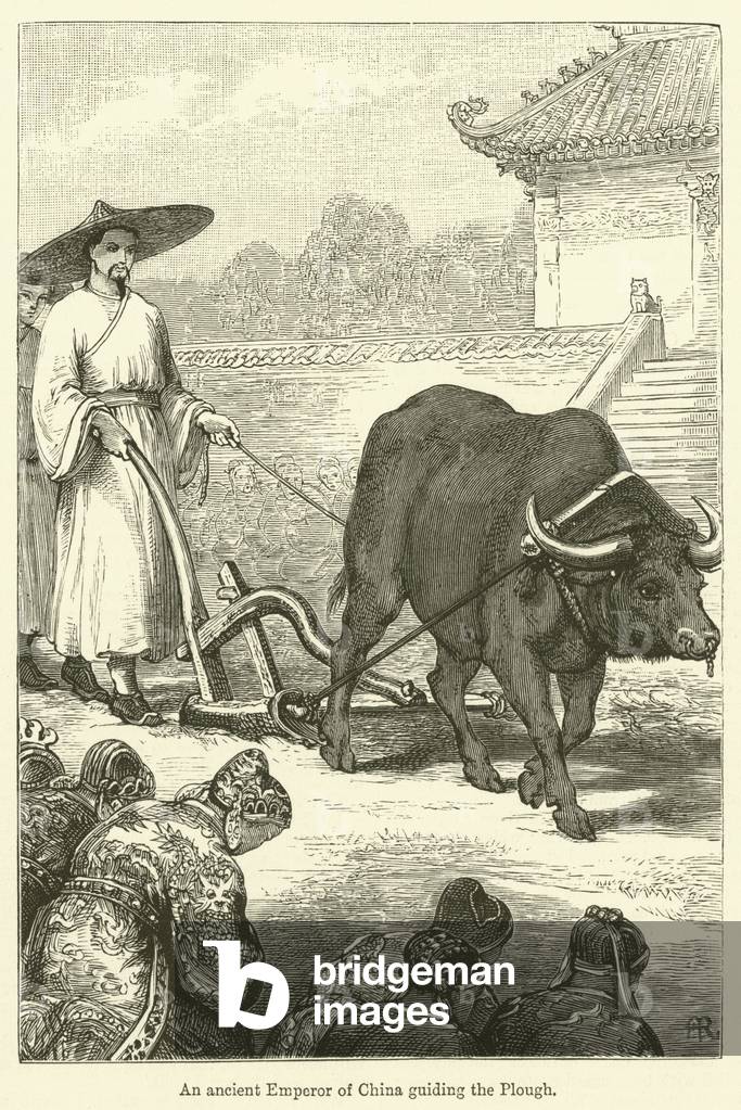 An ancient Emperor of China guiding the Plough (engraving)