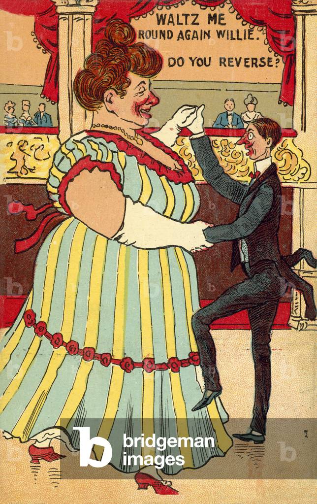 Small man waltzing with a large woman (colour litho)