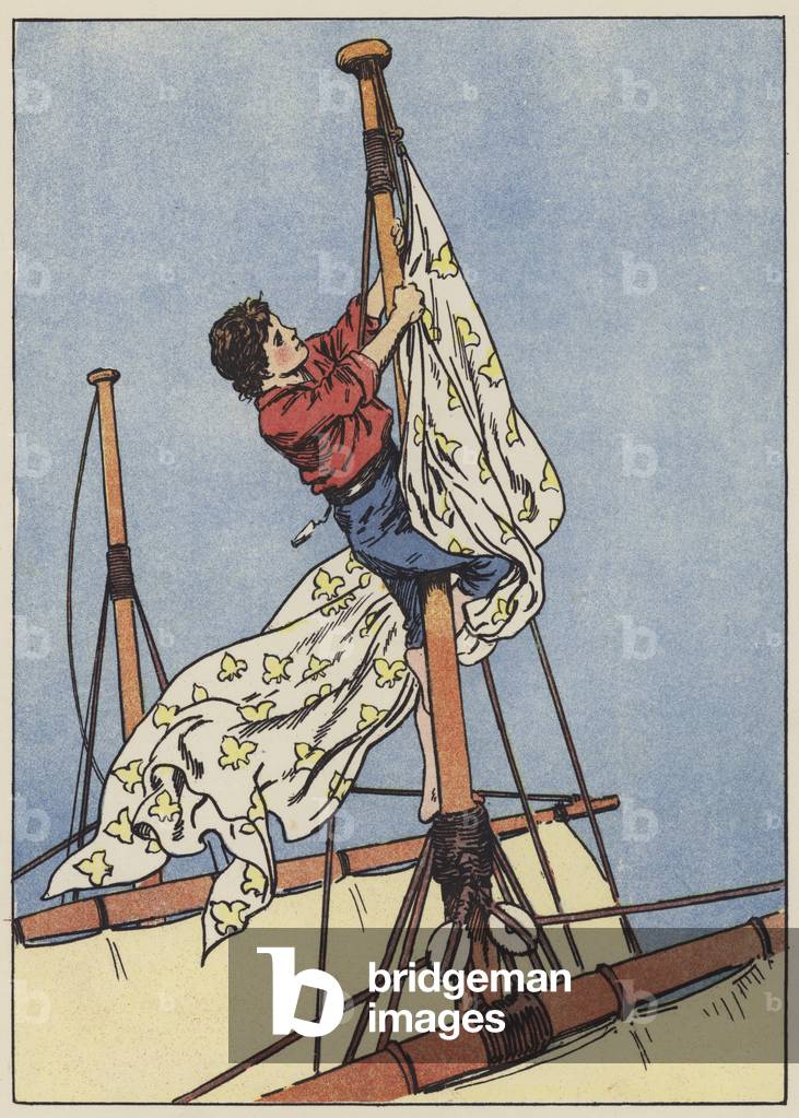 The boy volunteer pulls down the enemy's flag (colour litho)