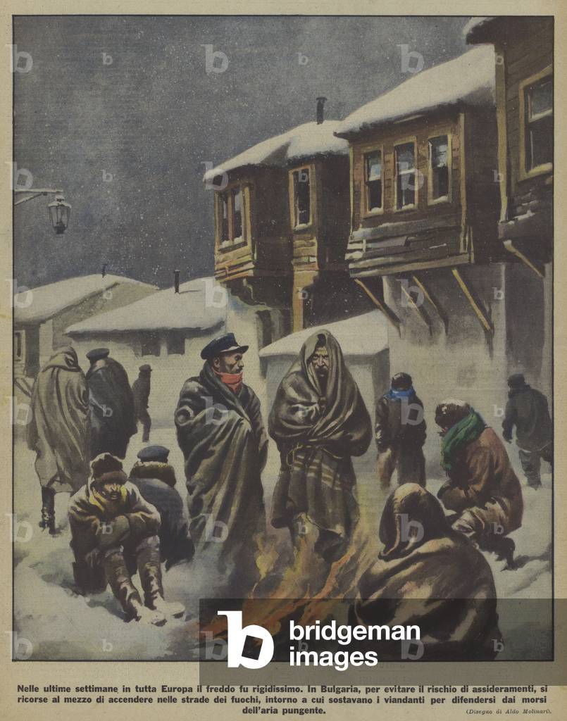 Severe winter cold in Europe: people warming theemselves around fires in the streets in Bulgaria (colour litho)