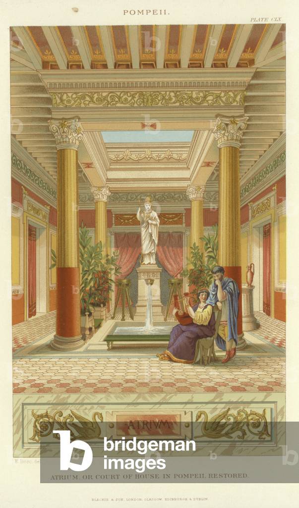 Atrium or court of house in Pompeii (colour litho)