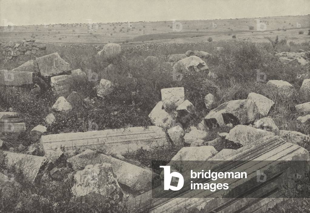 Ruins of the synagogue at Capernaum, where Christ healed the man with the withered hand (b/w photo)
