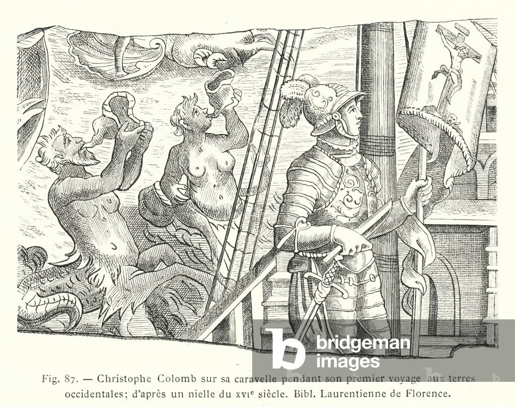 Christophe Colomb sur sa caravelle pendant son premier voyage aux terres occidentales; d'apres un nielle du XVIe siecle, Bibl Laurentienne de Florence (engraving)