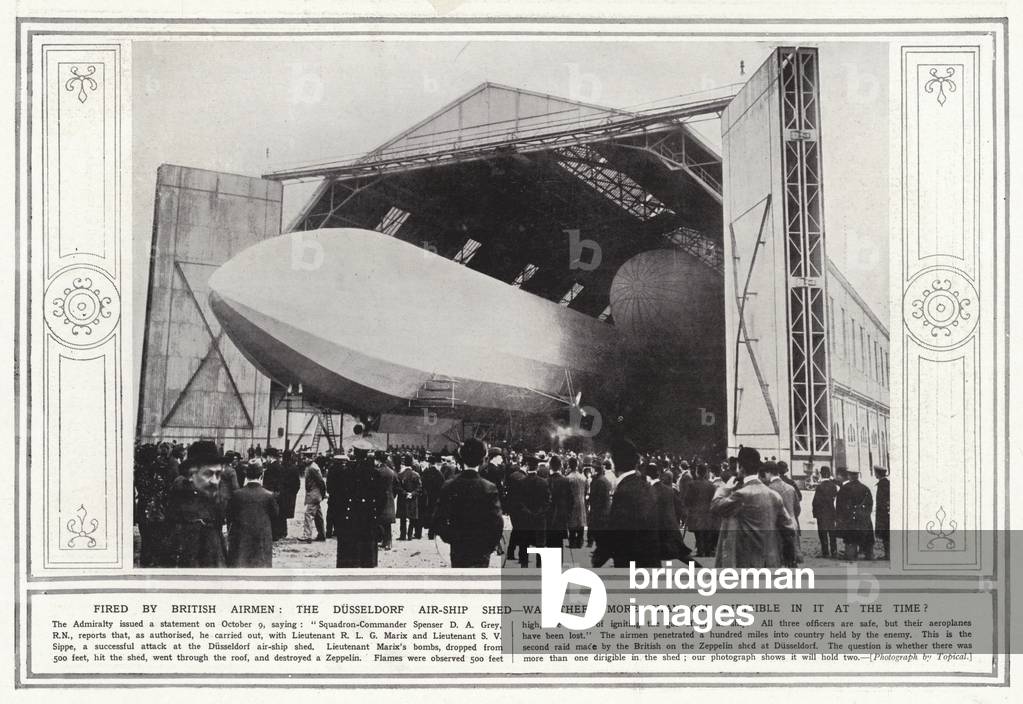 Fired by British airmen, the Dusseldorf air-ship shed, was there more than one dirigible in it at the time (b/w photo)