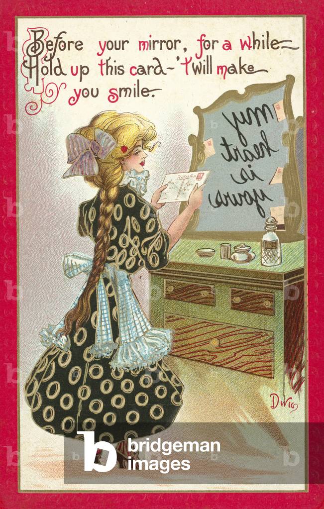 Woman looking at her reflection (colour litho)