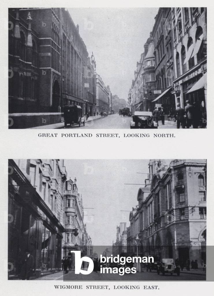 Great Portland Street, looking north; Wigmore Street, looking east (b/w photo)