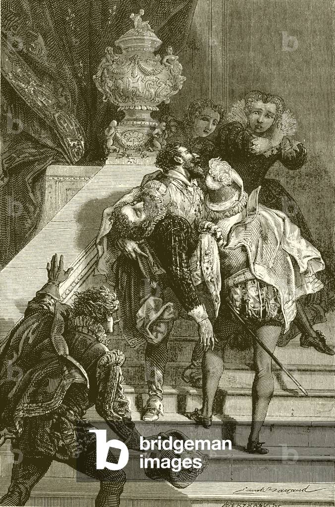 Henry IV wounded, taken to the Louvre (engraving)