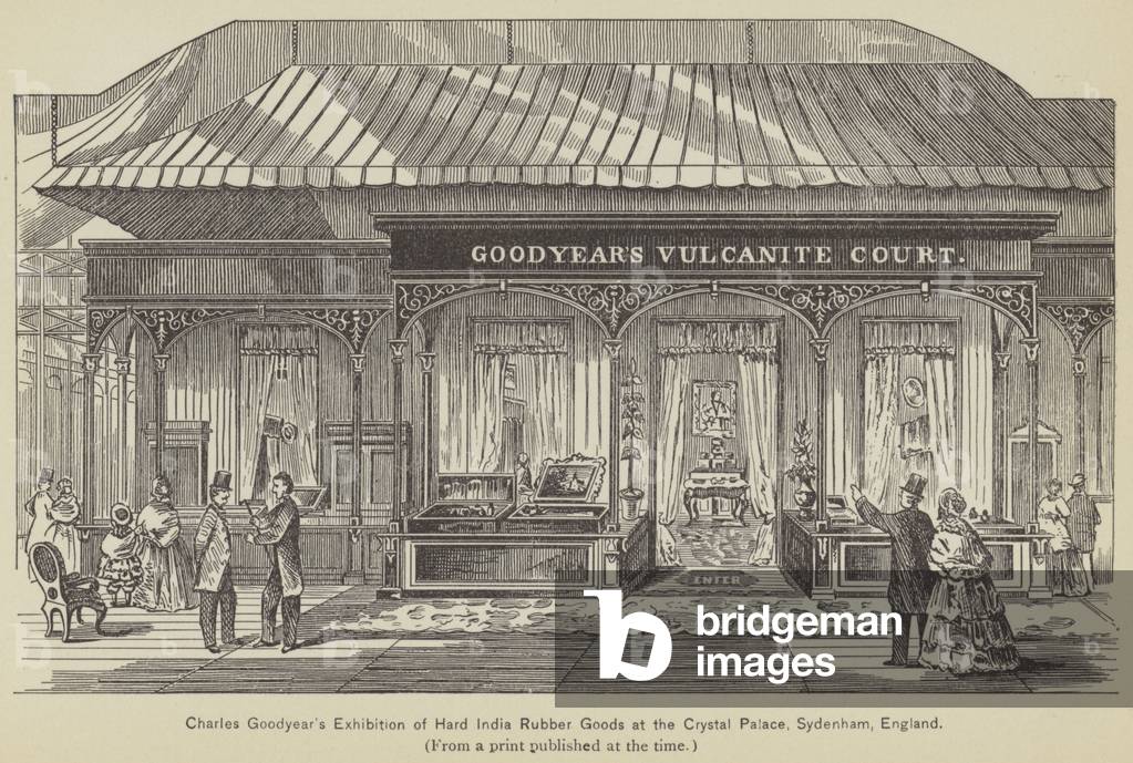 Charles Goodyear's Exhibition of Hard India Rubber Goods at the Crystal Palace, Sydenham, England (engraving)