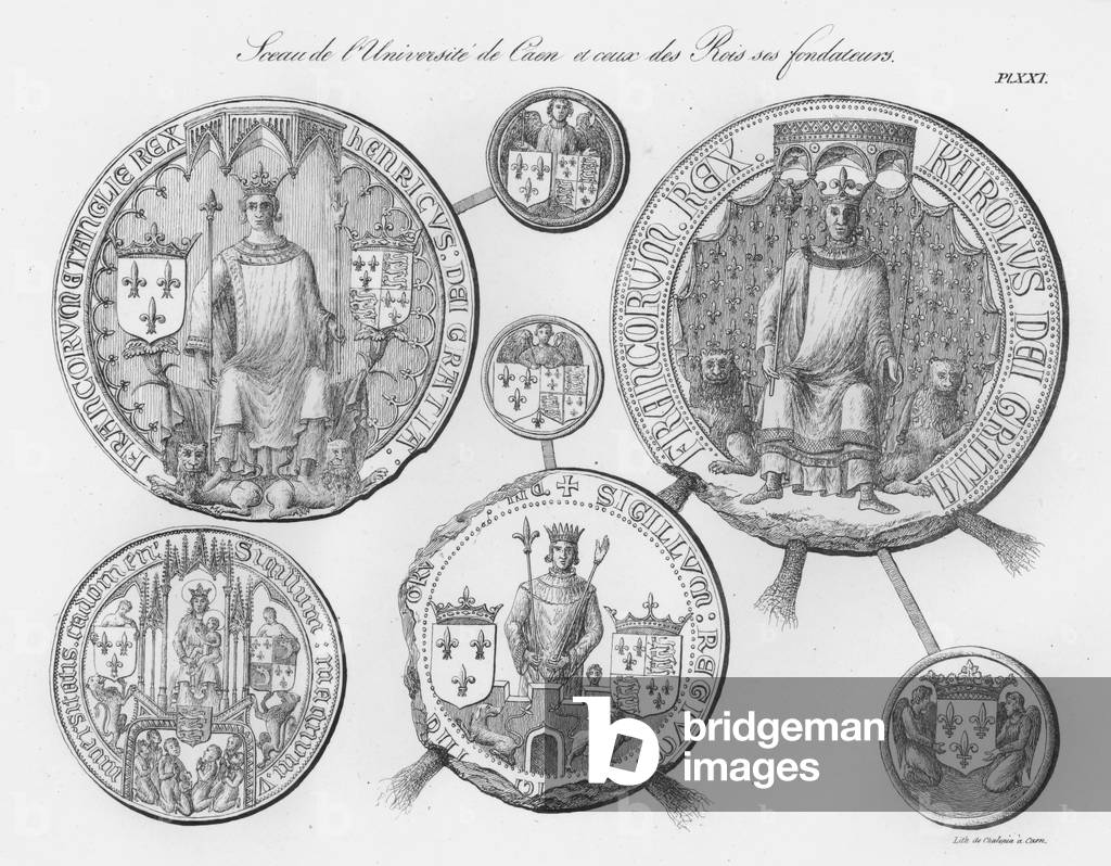 Sceau de l'Universite de Caen et ceux des Rois ses fondateurs (engraving)