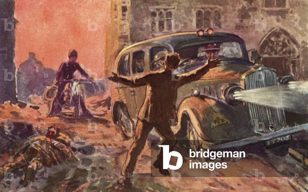 Firemen of the wartime British National Fire Service being alerted to the presence of a badly wounded victim of an air raid, World War II, 1940s (colour litho)