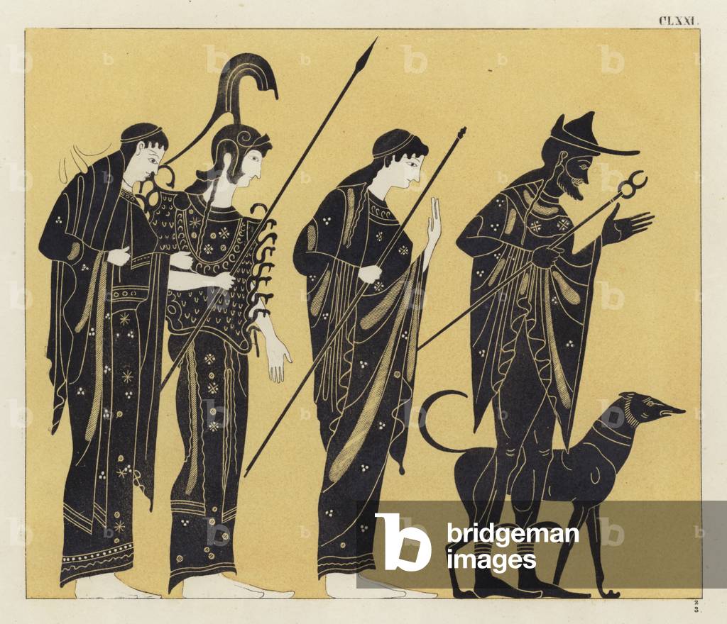Greek figures with dog (colour litho)