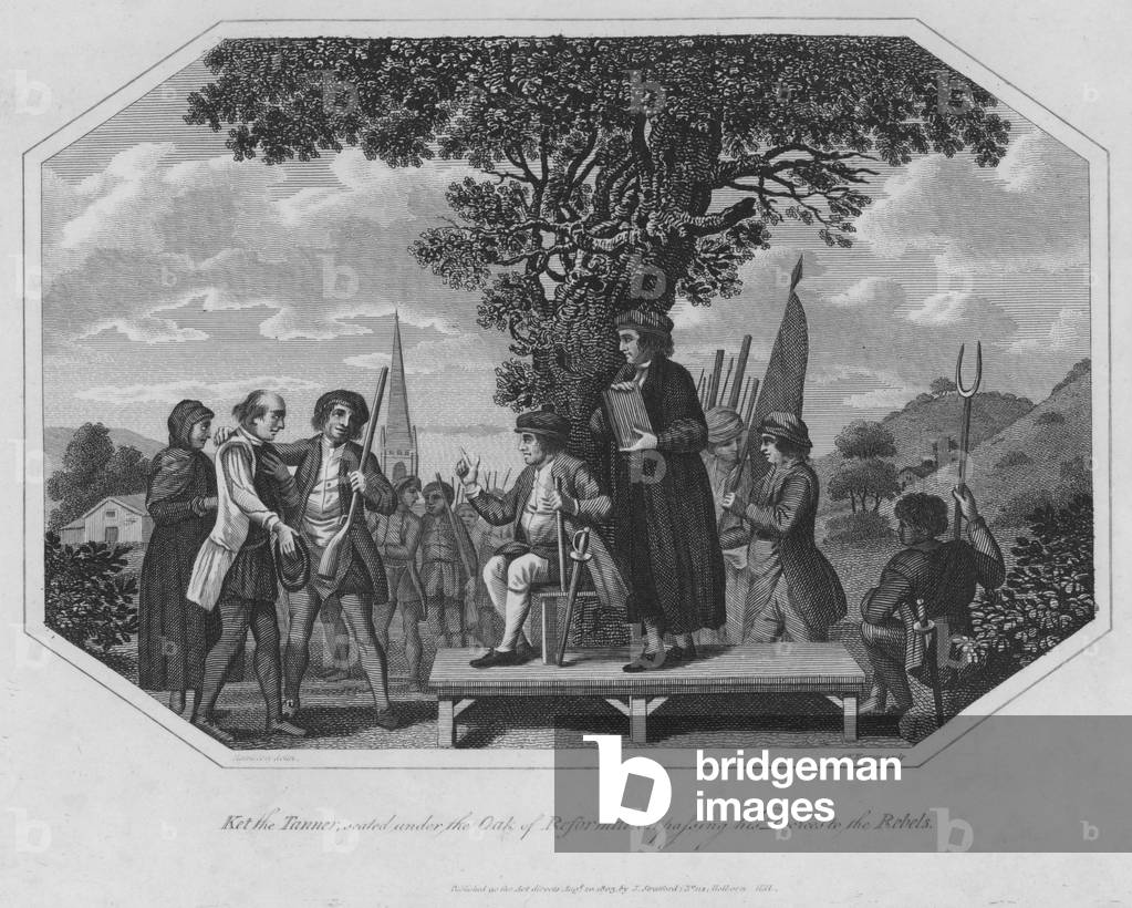 Ket the Tanner, seated under the Oak of Reformation passing his Decrees to the Rebels (engraving)