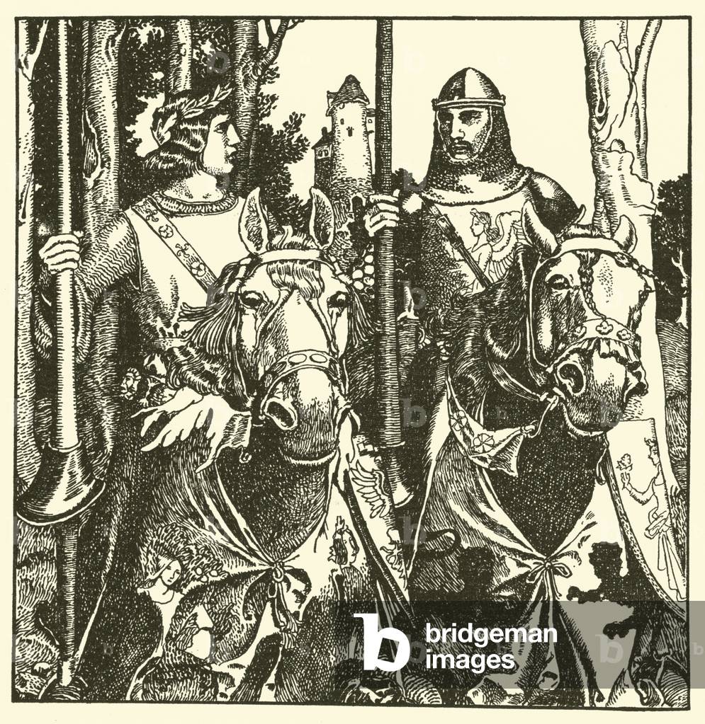 Sir Percival and Sir Lamorack ride together (litho)