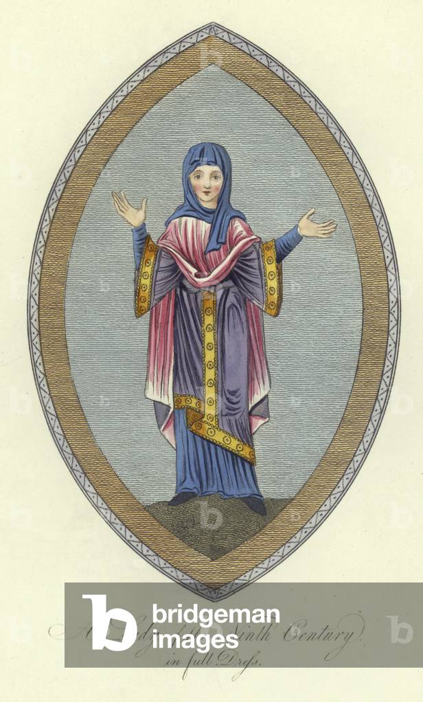 A lady of the 9th Century in full dress (coloured engraving)