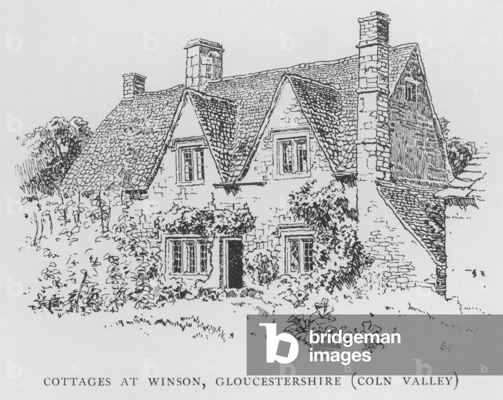 Cottages at Winson, Gloucestershire, Coln Valley (litho)