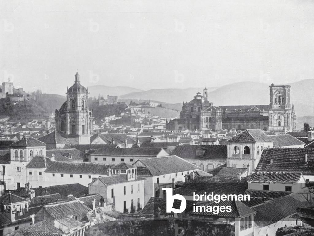 View of the Cathedral and Alhambra, Granada (b/w photo)